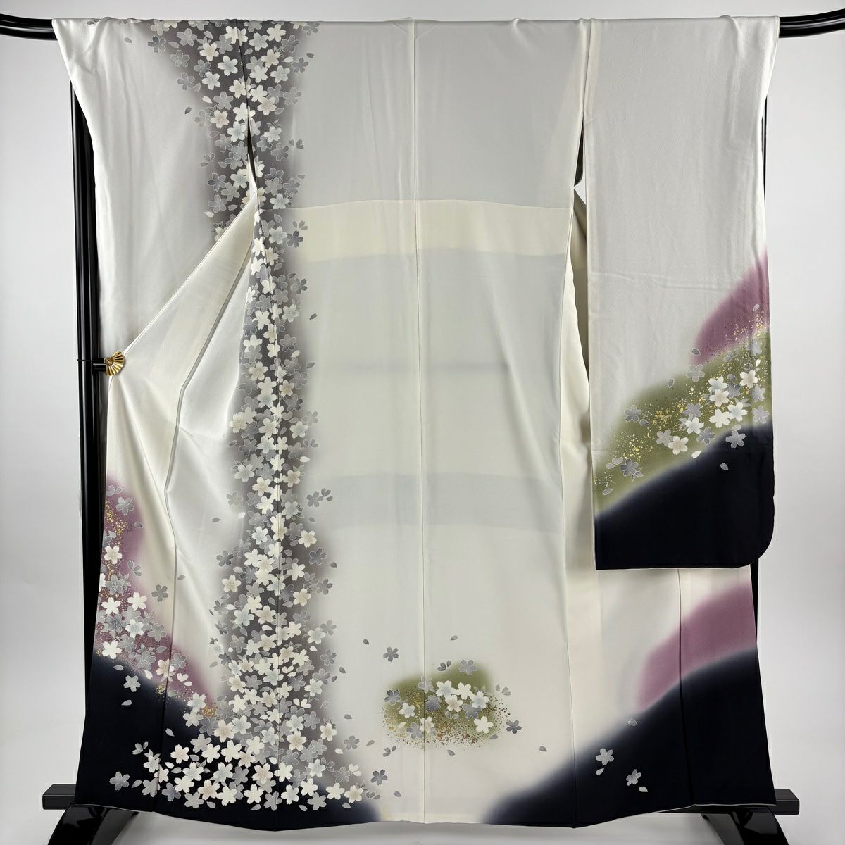 振袖禮服 身長162cm 袖長69cm L 雙層 櫻花花瓣 金銀彩 染分 白 純蠶絲 逸品級