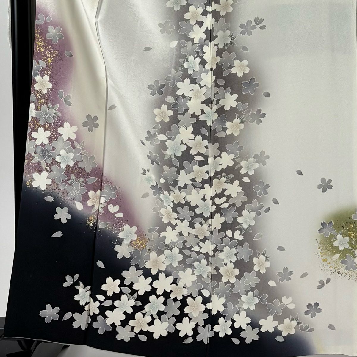 振袖禮服 身長162cm 袖長69cm L 雙層 櫻花花瓣 金銀彩 染分 白 純蠶絲 逸品級