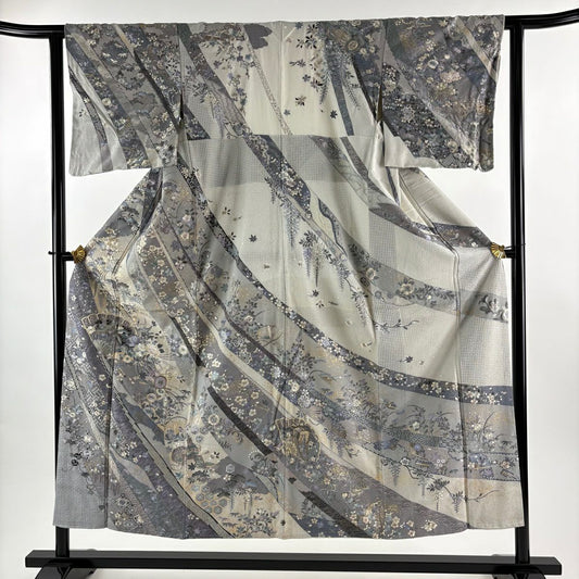 訪問服 身長152cm 袖長62cm S 雙層 桧扇子 鼓 刺繡 金糸 灰白 純蠶絲 逸品級
