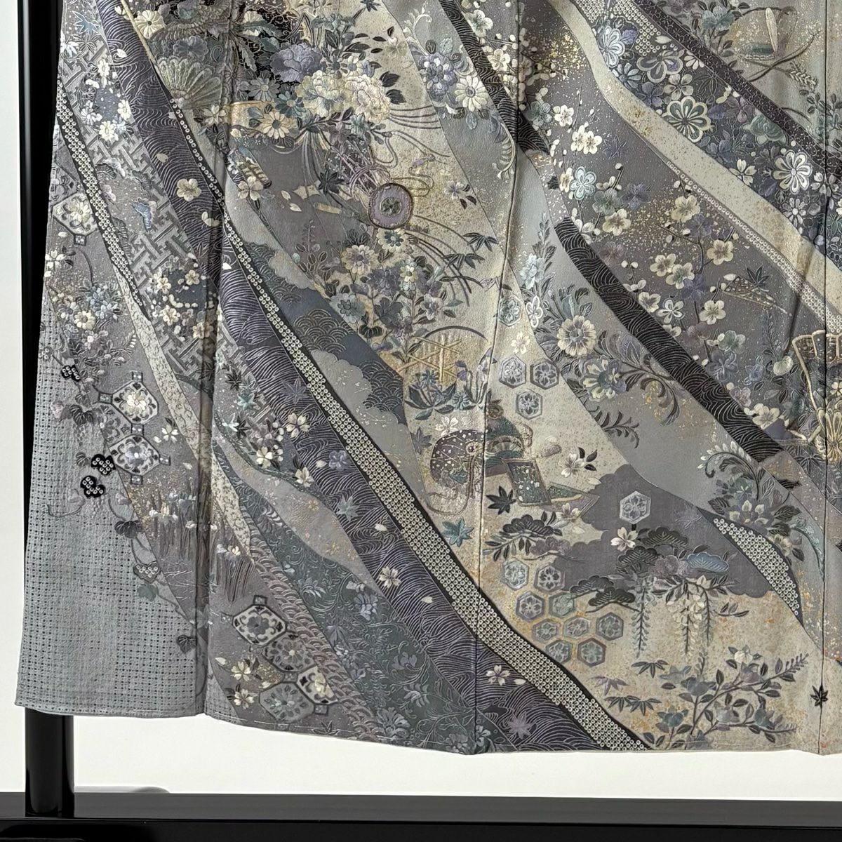 訪問服 身長152cm 袖長62cm S 雙層 桧扇子 鼓 刺繡 金糸 灰白 純蠶絲 逸品級