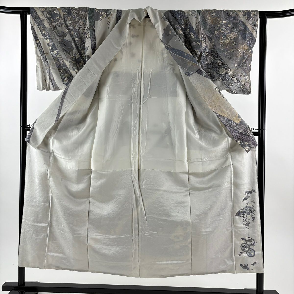 訪問服 身長152cm 袖長62cm S 雙層 桧扇子 鼓 刺繡 金糸 灰白 純蠶絲 逸品級