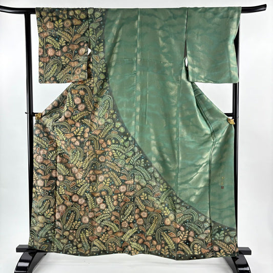訪問服 身長162.5cm 袖長63cm S 雙層 落款あり 辻花染 金銀彩 深綠 純蠶絲 逸品級