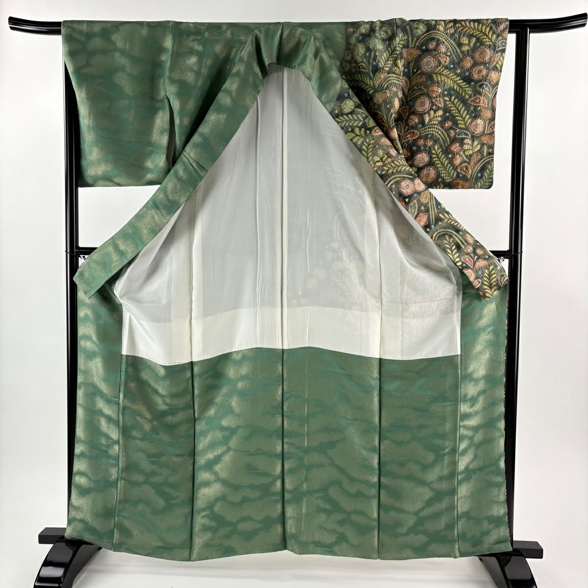 訪問服 身長162.5cm 袖長63cm S 雙層 落款あり 辻花染 金銀彩 深綠 純蠶絲 逸品級