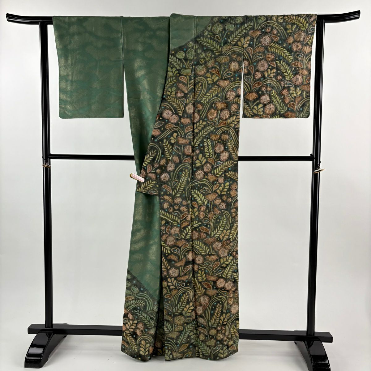 訪問服 身長162.5cm 袖長63cm S 雙層 落款あり 辻花染 金銀彩 深綠 純蠶絲 逸品級
