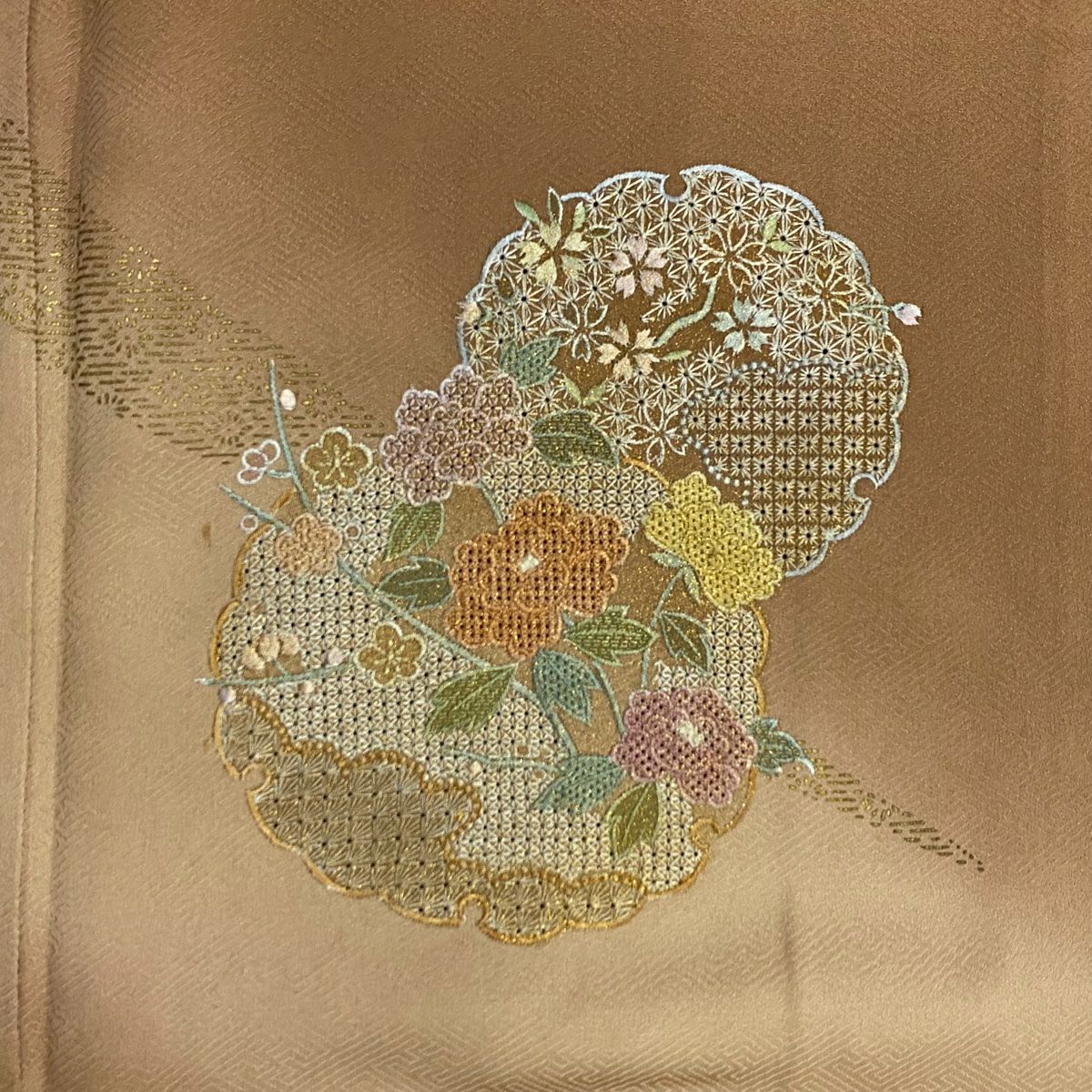 付下 身長157.5cm 袖長65cm M 雙層 雪輪 草花紋刺繡 金彩裝飾 茶 純蠶絲 秀品級
