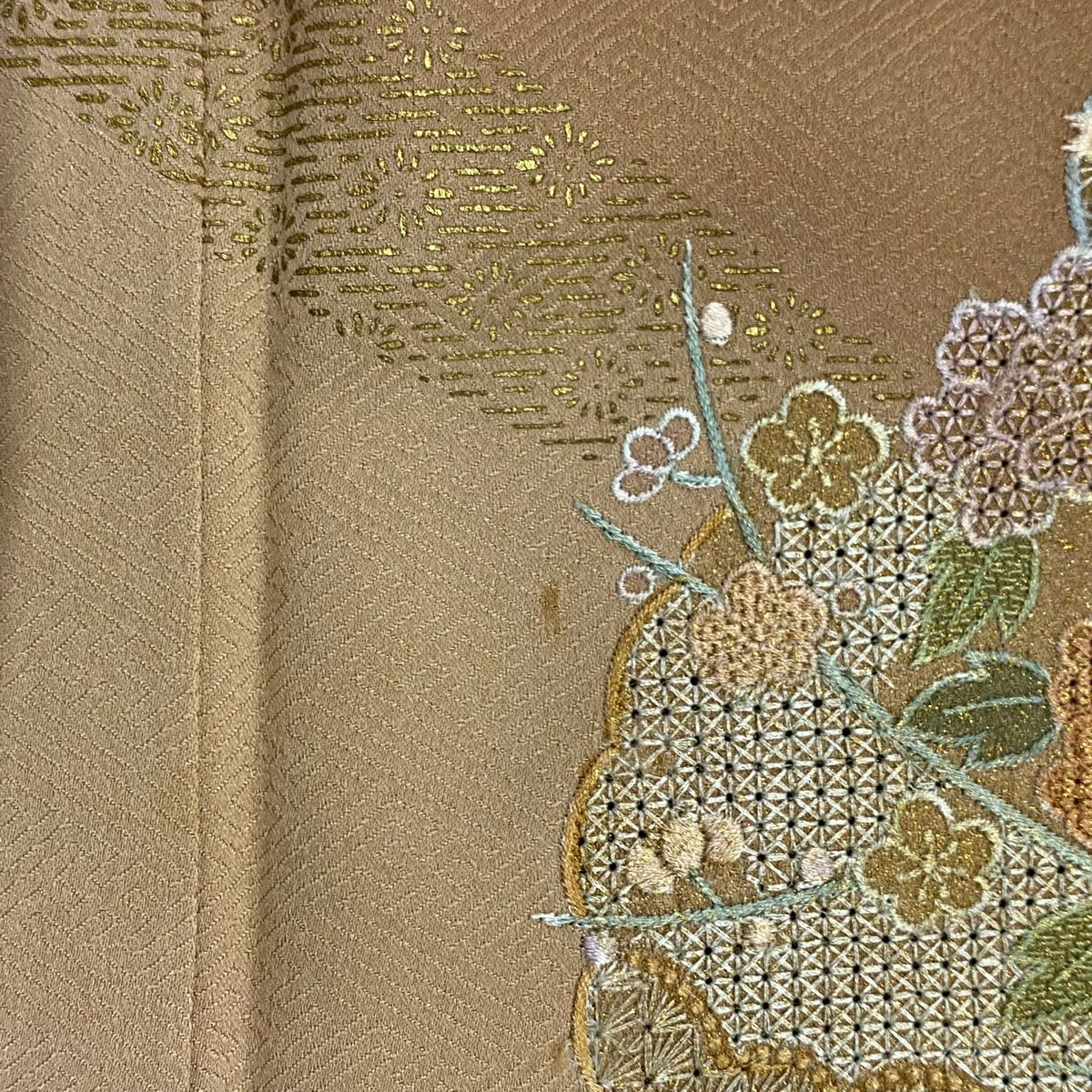 付下 身長157.5cm 袖長65cm M 雙層 雪輪 草花紋刺繡 金彩裝飾 茶 純蠶絲 秀品級
