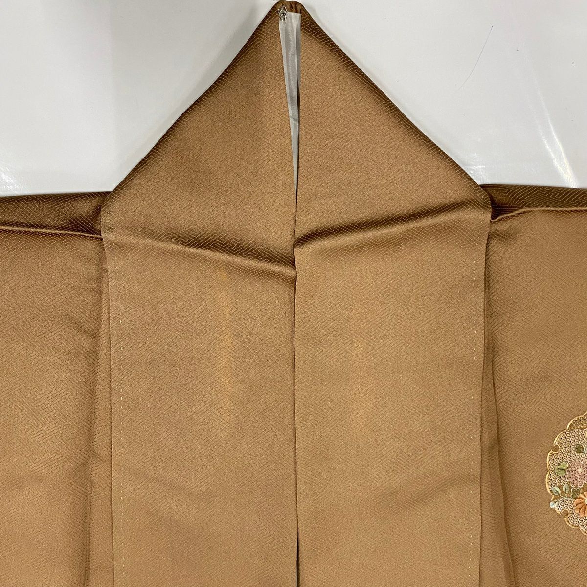 付下 身長157.5cm 袖長65cm M 雙層 雪輪 草花紋刺繡 金彩裝飾 茶 純蠶絲 秀品級