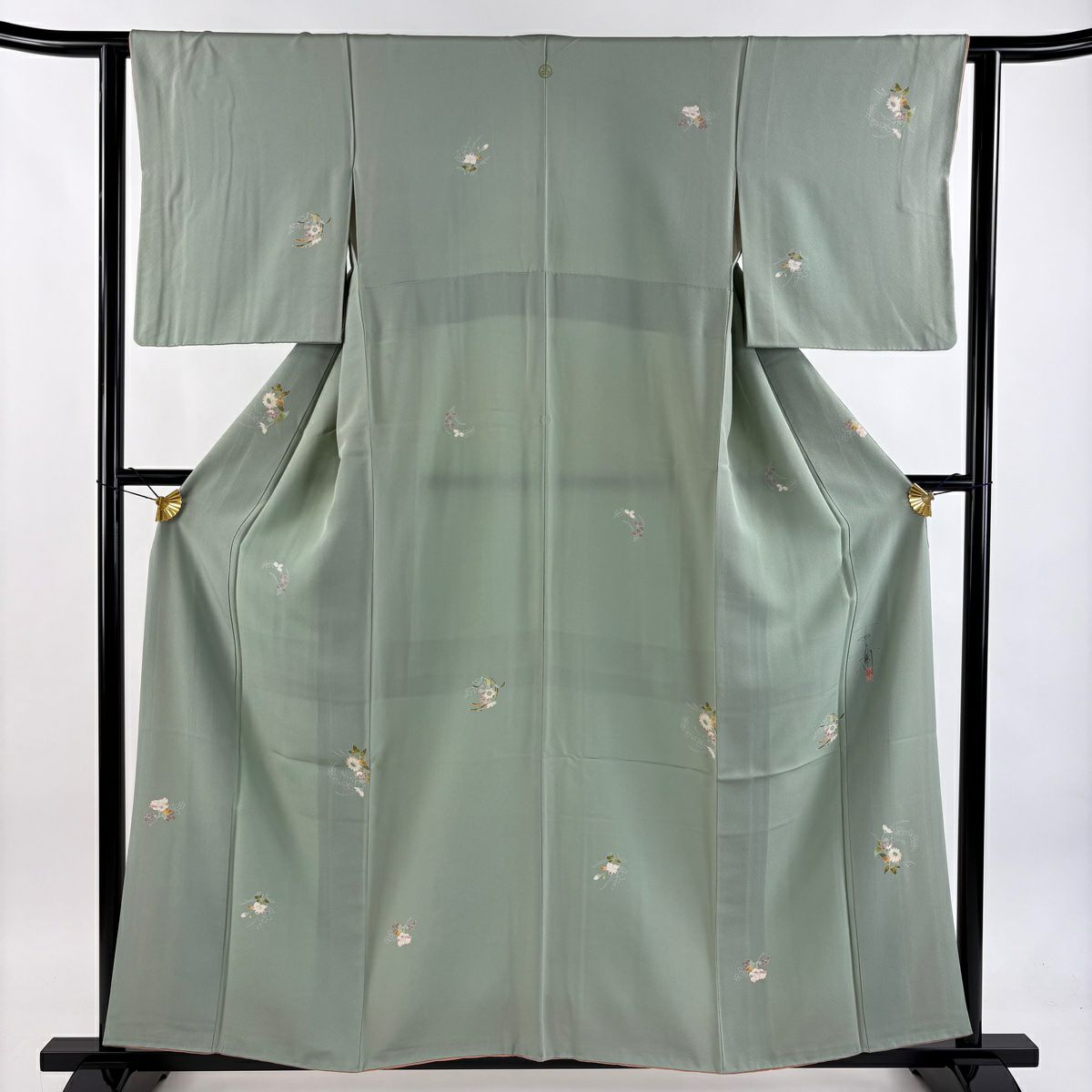 小紋 身長156.5cm 袖長61.5cm S 雙層 百貫石峰 有落款 菊花 萩 薄綠 純蠶絲 逸品級 一つ紋