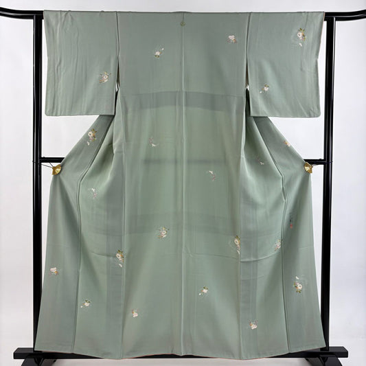 小紋 身長156.5cm 袖長61.5cm S 雙層 百貫石峰 有落款 菊花 萩 薄綠 純蠶絲 逸品級 一つ紋