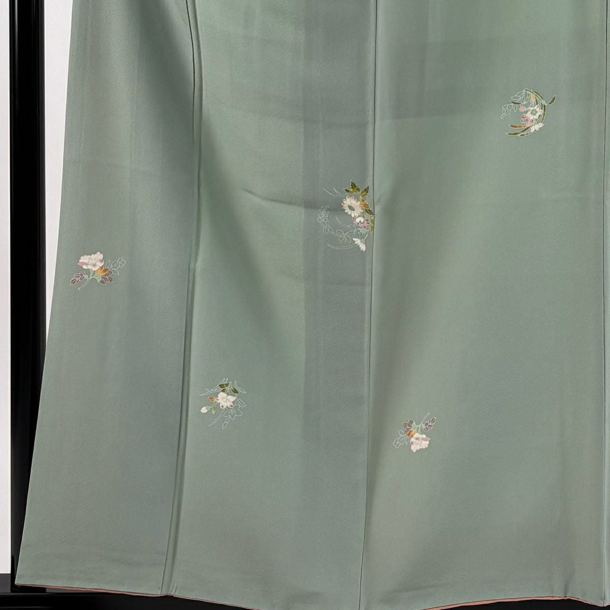 小紋 身長156.5cm 袖長61.5cm S 雙層 百貫石峰 有落款 菊花 萩 薄綠 純蠶絲 逸品級 一つ紋