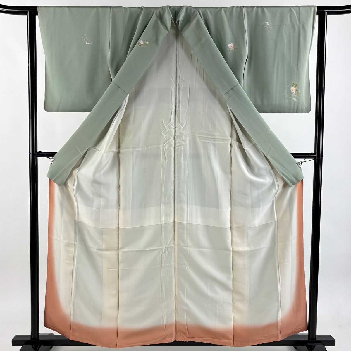 小紋 身長156.5cm 袖長61.5cm S 雙層 百貫石峰 有落款 菊花 萩 薄綠 純蠶絲 逸品級 一つ紋