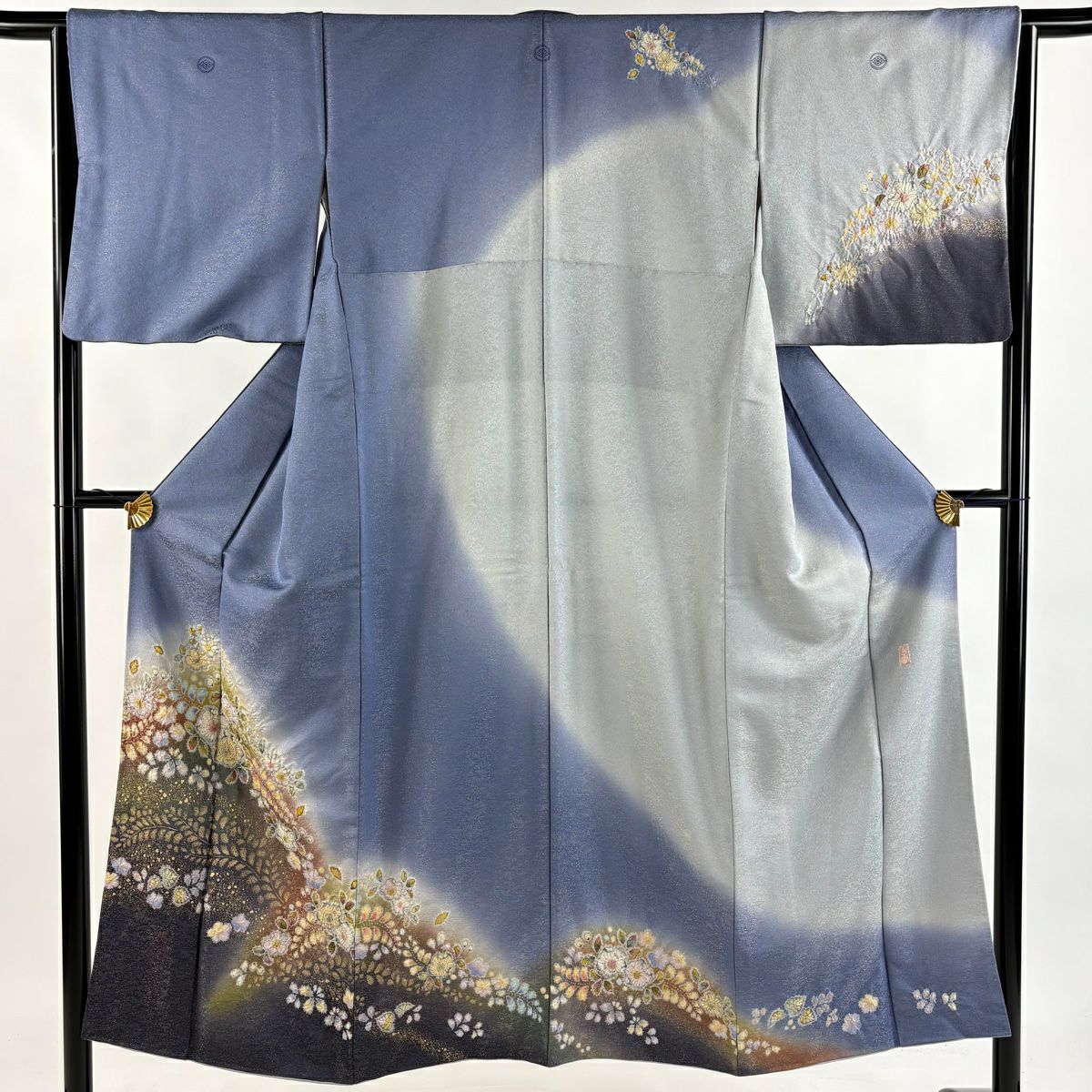 訪問服 身長150cm 袖長64cm M 雙層 德永憲峯 落款あり 辻花染 金通し 金銀彩 青灰 純蠶絲 逸品級 三つ紋