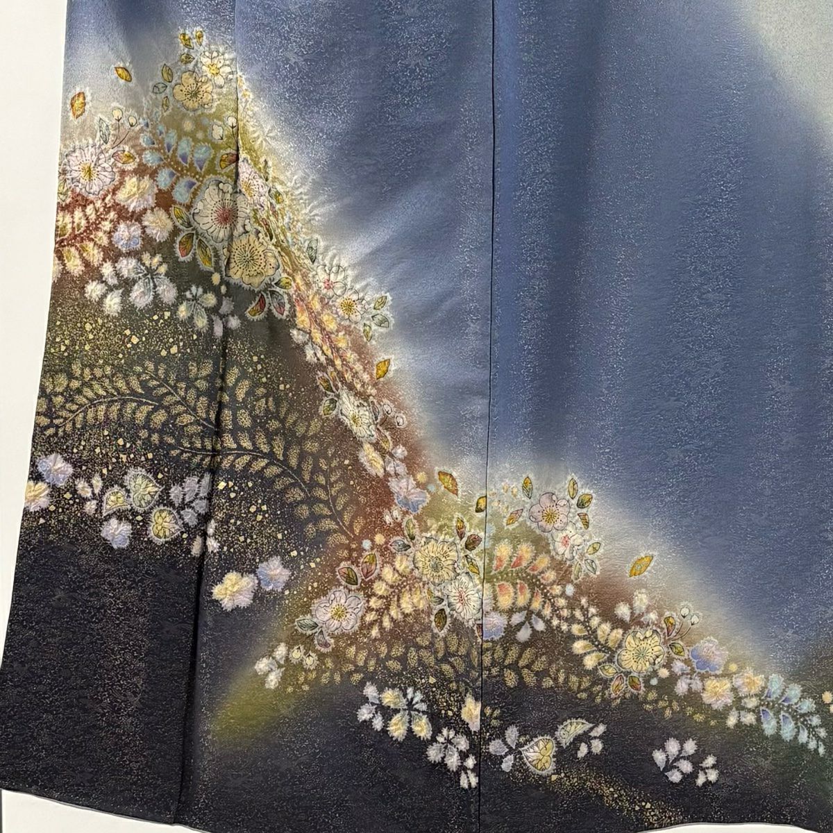 訪問服 身長150cm 袖長64cm M 雙層 德永憲峯 落款あり 辻花染 金通し 金銀彩 青灰 純蠶絲 逸品級 三つ紋
