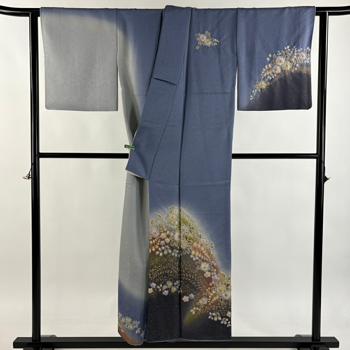 訪問服 身長150cm 袖長64cm M 雙層 德永憲峯 落款あり 辻花染 金通し 金銀彩 青灰 純蠶絲 逸品級 三つ紋