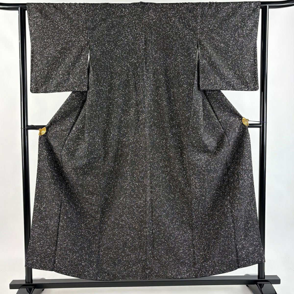 【美品】 小紋 身長154.5cm 袖長62cm S 雙層 牛首紬織織地 落款あり 幾何學圖案 黑 純蠶絲 逸品級