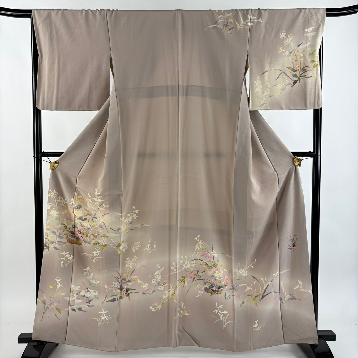 訪問服 身長161.5cm 袖長67cm M 雙層 百貫石峰 落款 花籠 菊花 漸層 粉米色 純蠶絲 逸品級