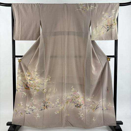 訪問服 身長161.5cm 袖長67cm M 雙層 百貫石峰 落款 花籠 菊花 漸層 粉米色 純蠶絲 逸品級