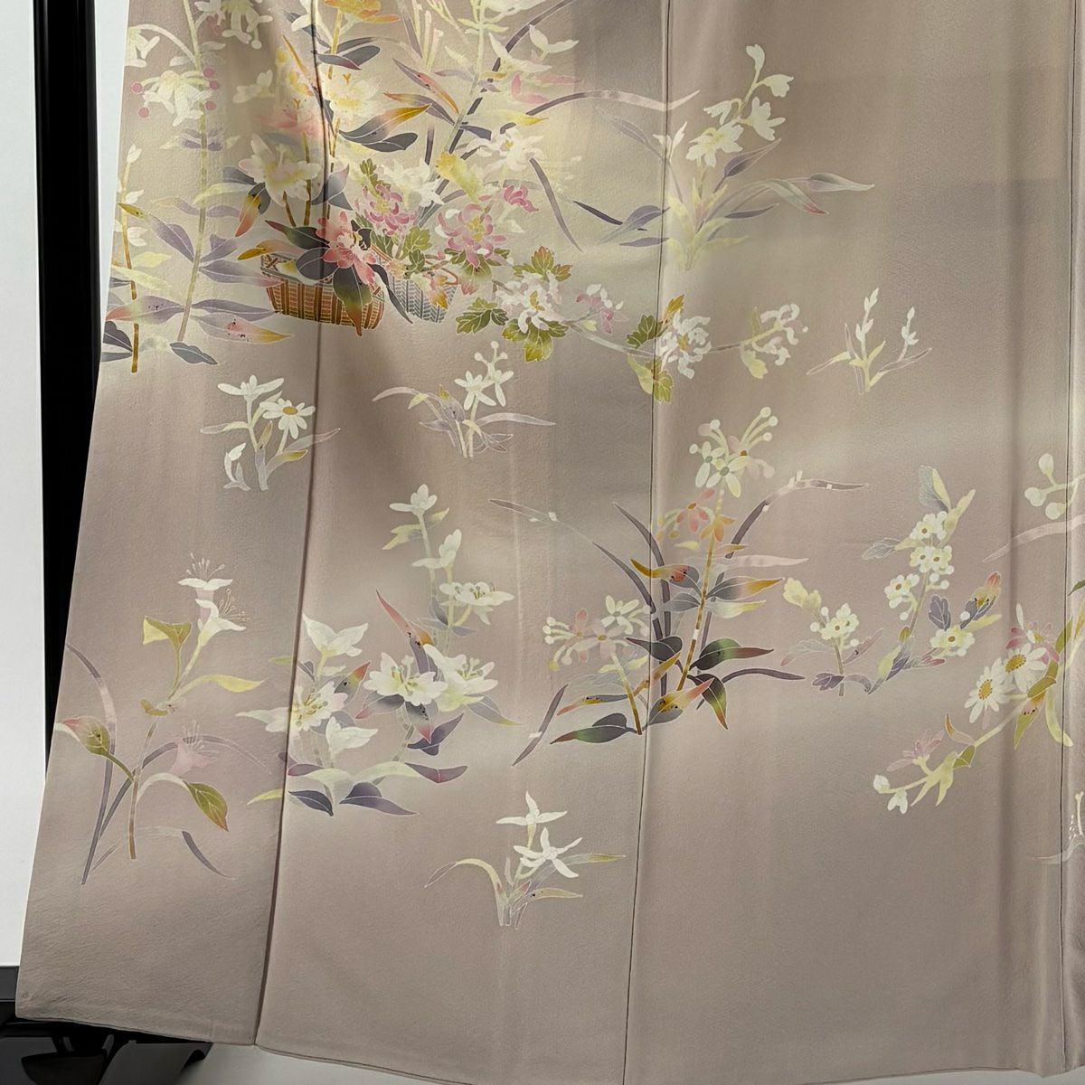 訪問服 身長161.5cm 袖長67cm M 雙層 百貫石峰 落款 花籠 菊花 漸層 粉米色 純蠶絲 逸品級