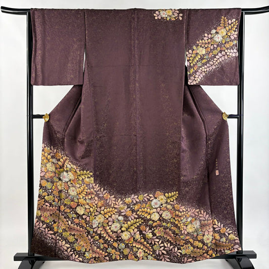 訪問服 身長159cm 袖長65.5cm M 雙層 翠山工房 大和 落款あり 辻花染 金通 茶紫 純蠶絲 逸品級