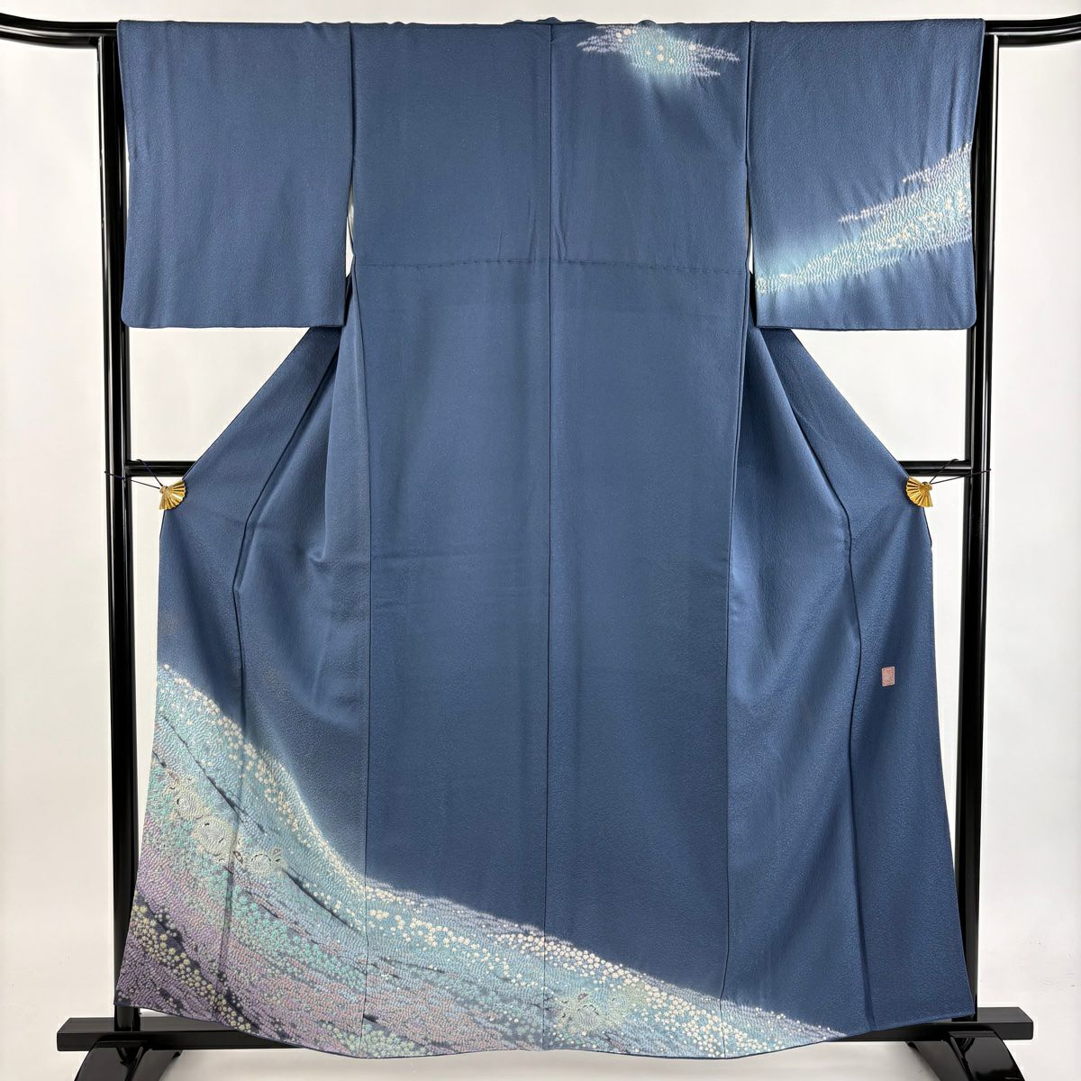 訪問服 身長159cm 袖長64.5cm M 雙層 滝泰 落款あり 草花紋紋 霞 銀通し 漸層 青灰 純蠶絲 逸品級
