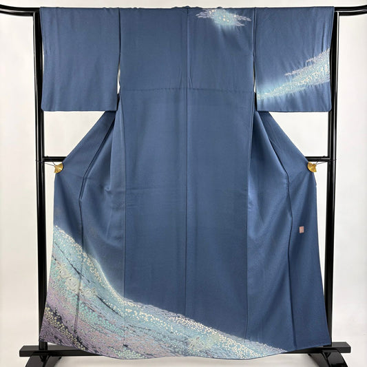 訪問服 身長159cm 袖長64.5cm M 雙層 滝泰 落款あり 草花紋紋 霞 銀通し 漸層 青灰 純蠶絲 逸品級