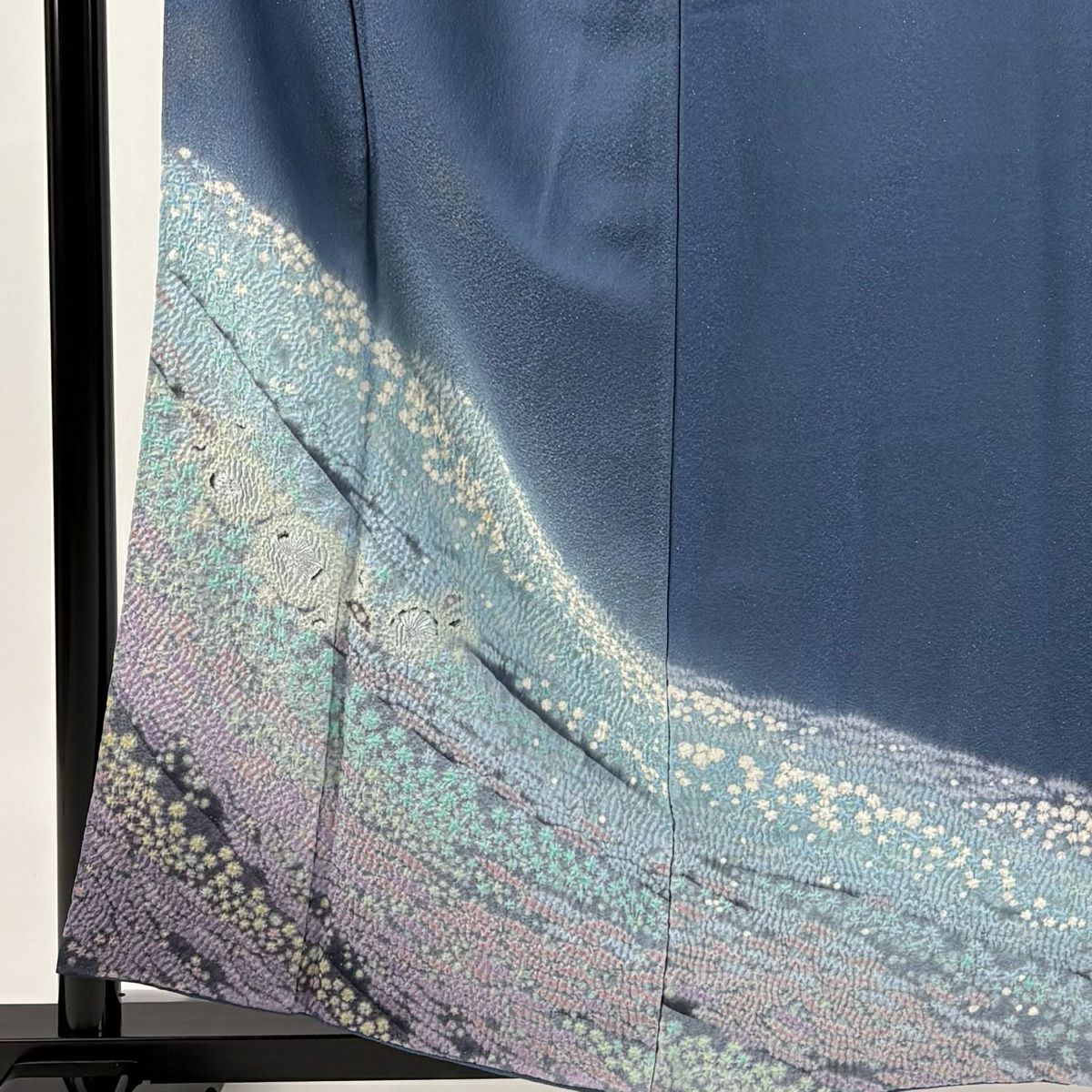 訪問服 身長159cm 袖長64.5cm M 雙層 滝泰 落款あり 草花紋紋 霞 銀通し 漸層 青灰 純蠶絲 逸品級