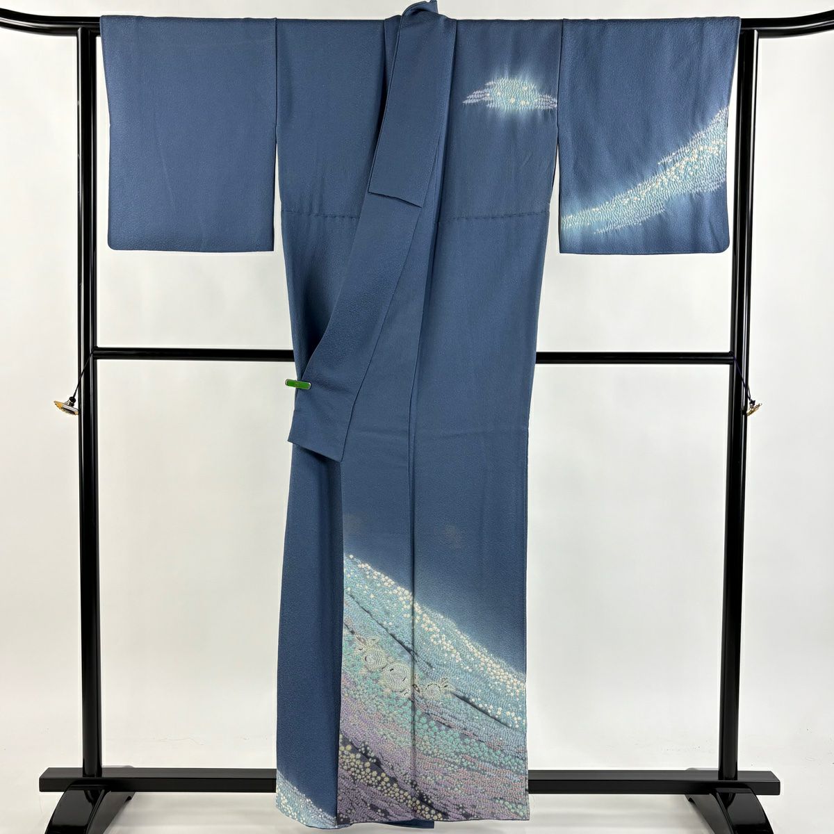 訪問服 身長159cm 袖長64.5cm M 雙層 滝泰 落款あり 草花紋紋 霞 銀通し 漸層 青灰 純蠶絲 逸品級