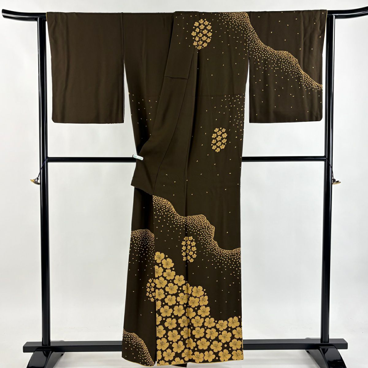 訪問服 身長158.5cm 袖長66cm M 雙層 菅有鬼一 落款 花 幾何學 金銀彩 焦茶 純蠶絲 逸品級