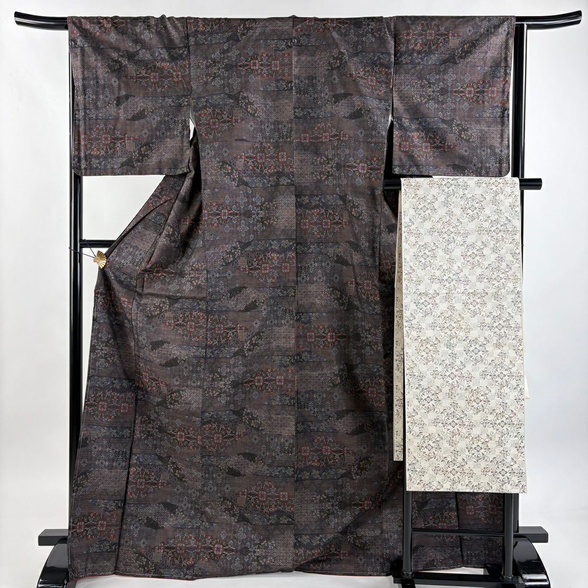 【美品】 紬織織 身長170.5cm 袖長65.5cm M 雙層 名古屋帶套裝 華紋 草花紋紋 茶紫 純蠶絲 秀品級