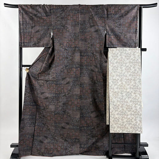 【美品】 紬織織 身長170.5cm 袖長65.5cm M 雙層 名古屋帶套裝 華紋 草花紋紋 茶紫 純蠶絲 秀品級