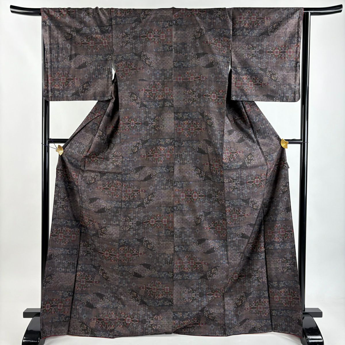 【美品】 紬織織 身長170.5cm 袖長65.5cm M 雙層 名古屋帶套裝 華紋 草花紋紋 茶紫 純蠶絲 秀品級