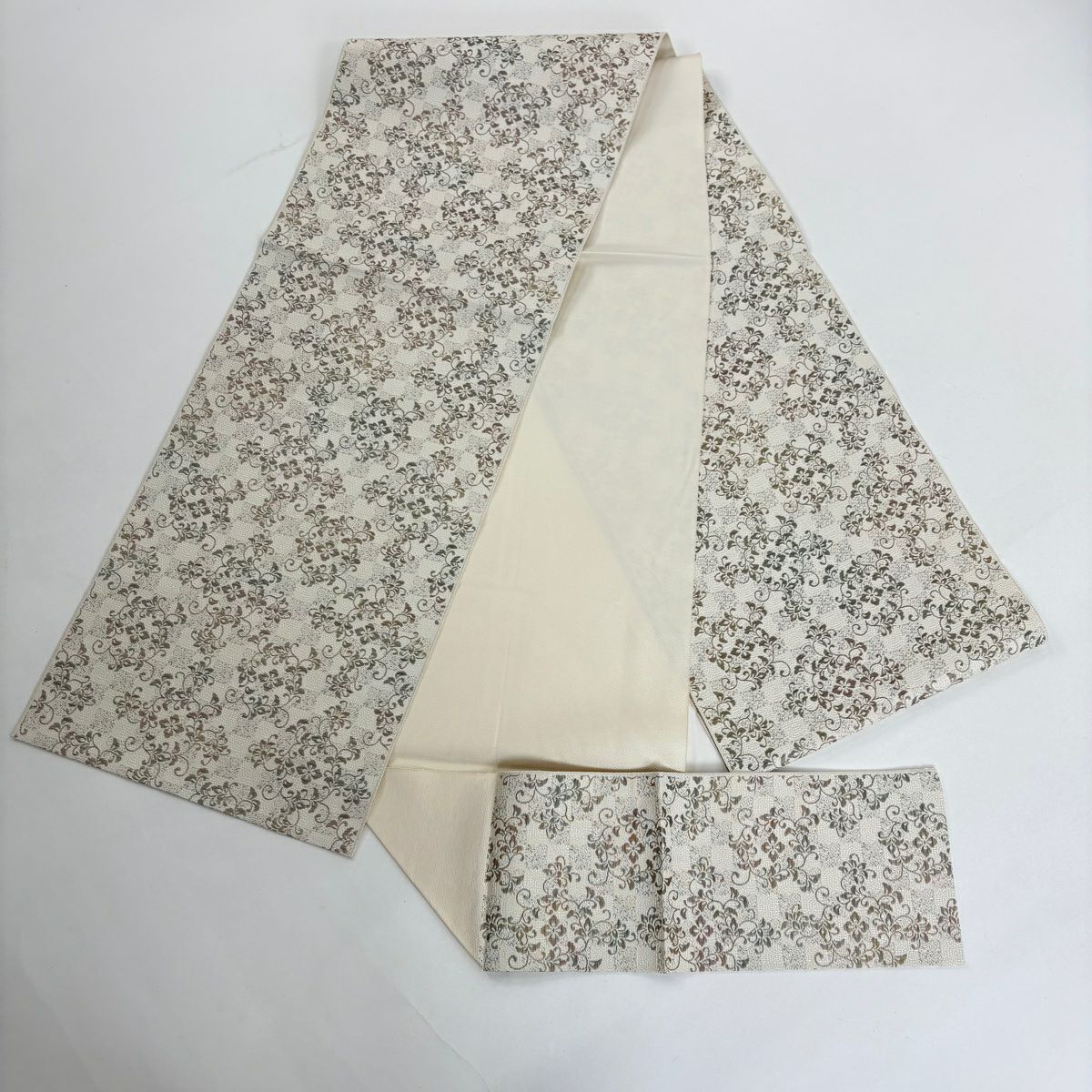 【美品】 紬織織 身長170.5cm 袖長65.5cm M 雙層 名古屋帶套裝 華紋 草花紋紋 茶紫 純蠶絲 秀品級