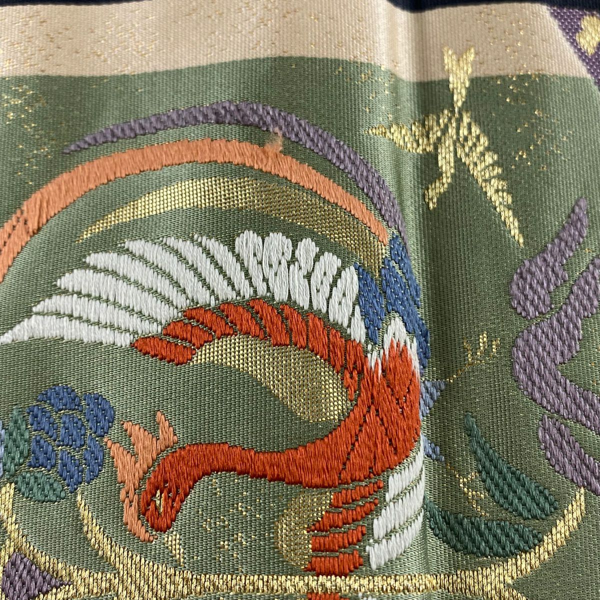 袋帶 秀品級 向鳥 草花紋 金糸 金金箔 艾草綠 六通 純蠶絲
