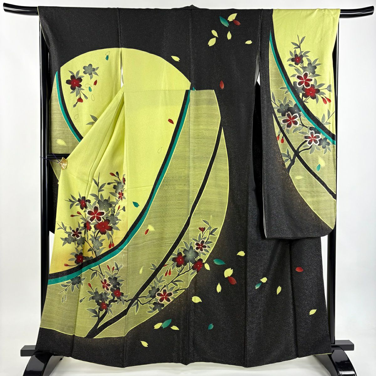 振袖禮服 身長162.5cm 袖長67.5cm L 雙層 櫻花花瓣 銀通 金銀彩 抹茶 純蠶絲 名品級