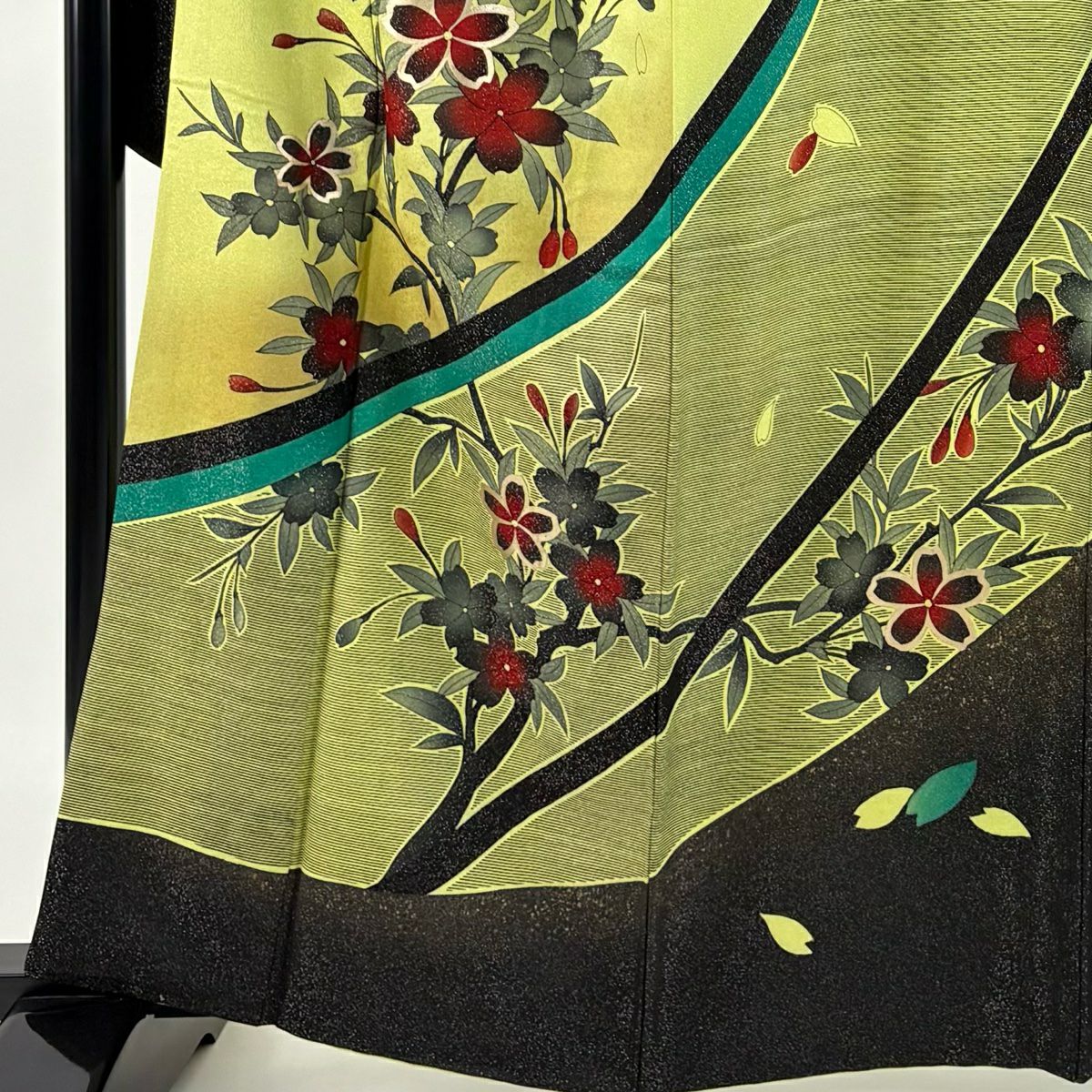 振袖禮服 身長162.5cm 袖長67.5cm L 雙層 櫻花花瓣 銀通 金銀彩 抹茶 純蠶絲 名品級