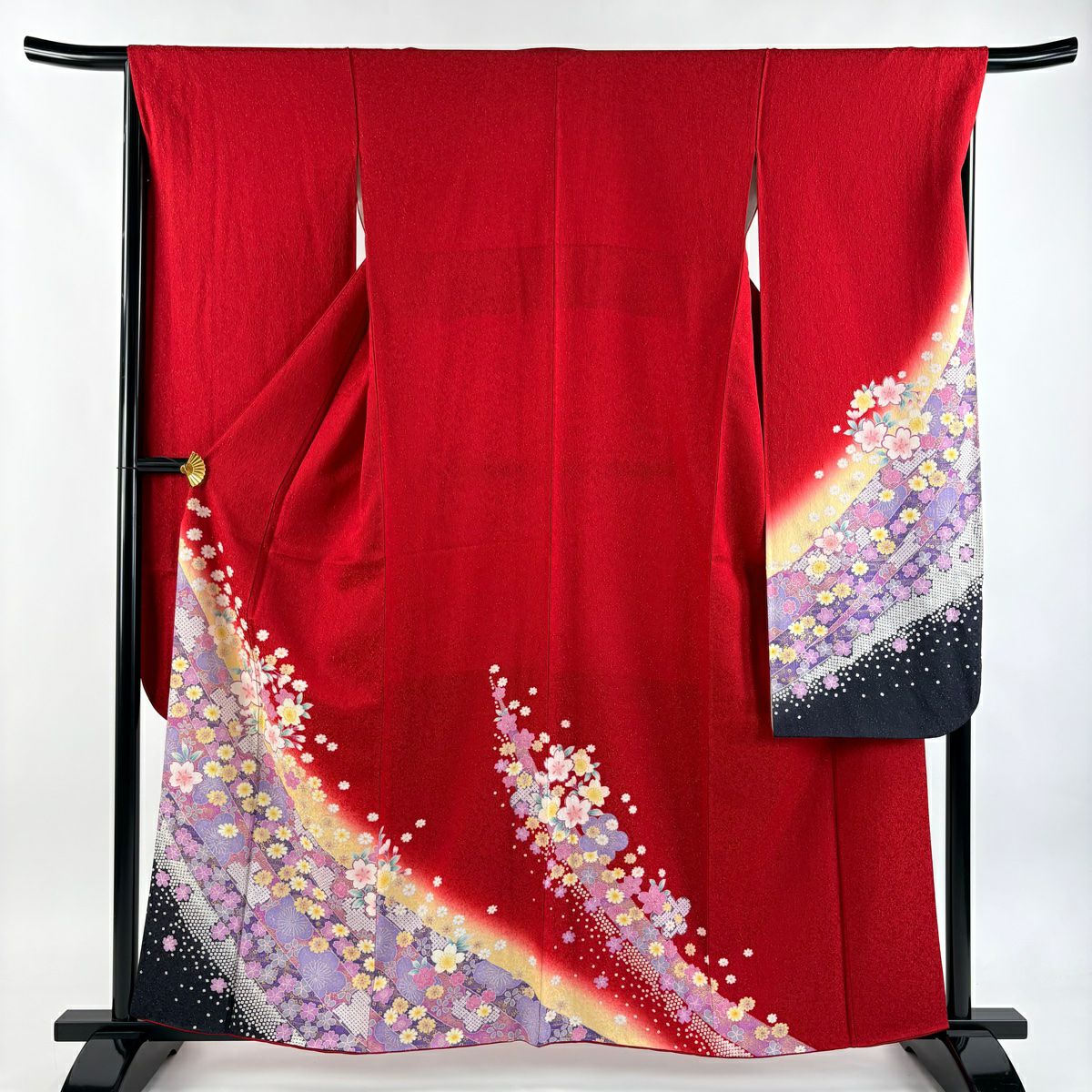 【美品】振袖禮服 身長160cm 袖長67cm M 雙層櫻梅花金通 金銀彩紅 純蠶絲 名品級