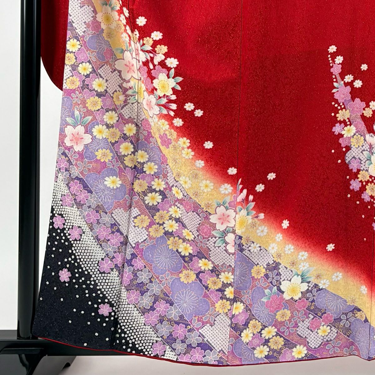 【美品】振袖禮服 身長160cm 袖長67cm M 雙層櫻梅花金通 金銀彩紅 純蠶絲 名品級
