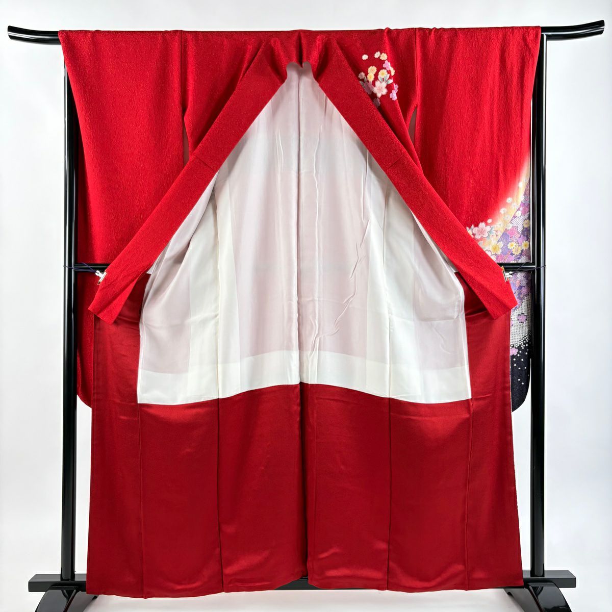 【美品】振袖禮服 身長160cm 袖長67cm M 雙層櫻梅花金通 金銀彩紅 純蠶絲 名品級