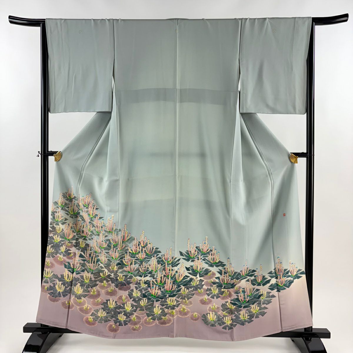 色留袖禮服 身長160.5cm 袖長65.5cm M 雙層 杉浦伸 落款あり 若松樹 灰綠 純蠶絲 名品級 三つ紋