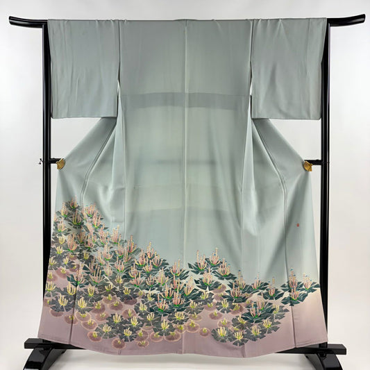 色留袖禮服 身長160.5cm 袖長65.5cm M 雙層 杉浦伸 落款あり 若松樹 灰綠 純蠶絲 名品級 三つ紋