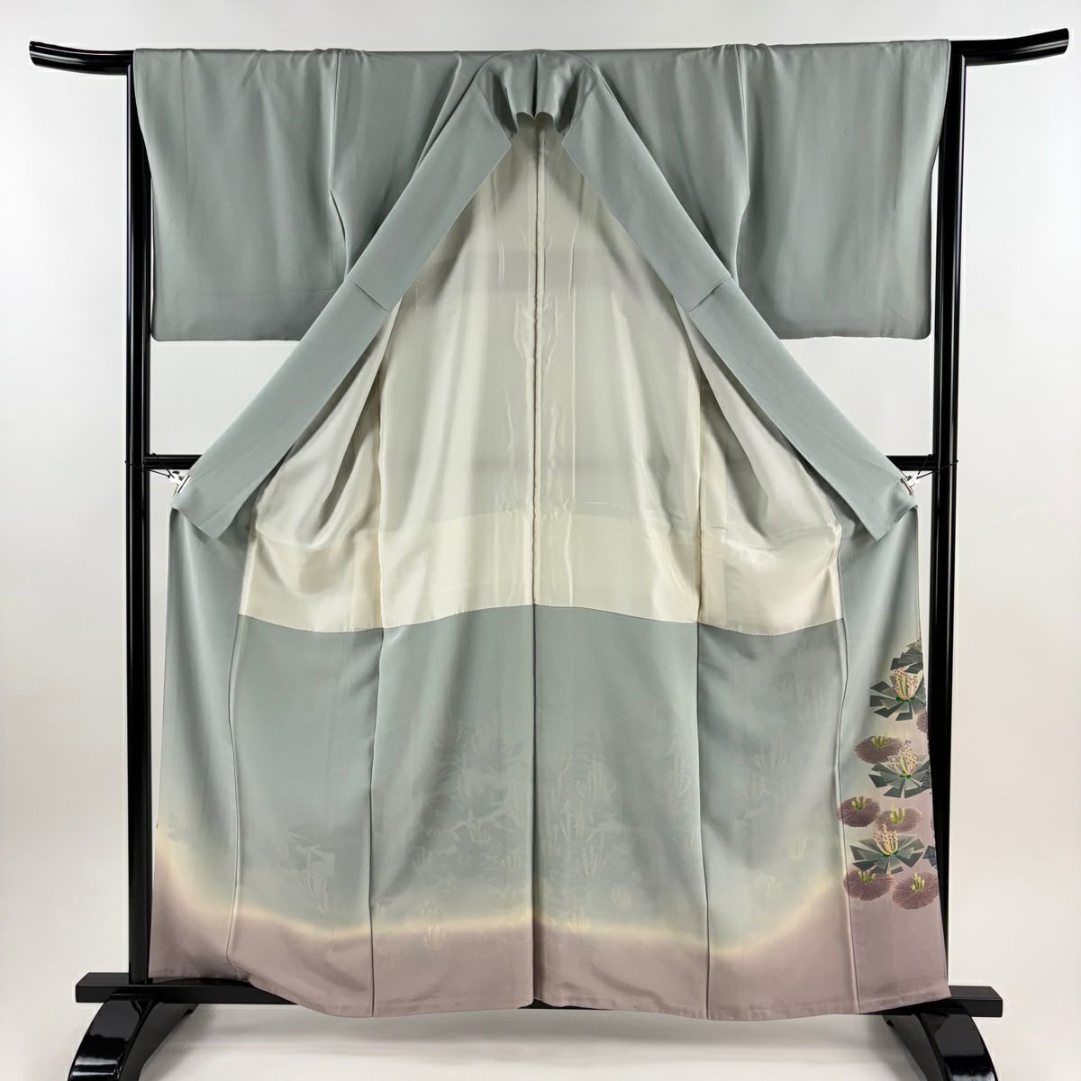 色留袖禮服 身長160.5cm 袖長65.5cm M 雙層 杉浦伸 落款あり 若松樹 灰綠 純蠶絲 名品級 三つ紋
