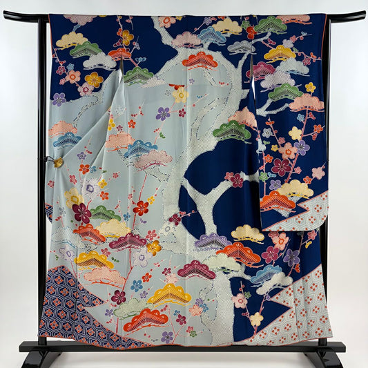 振袖禮服 身長156.5cm 袖長62cm S 雙層 笠松樹 梅花 絞染 青灰色 純蠶絲 名品級