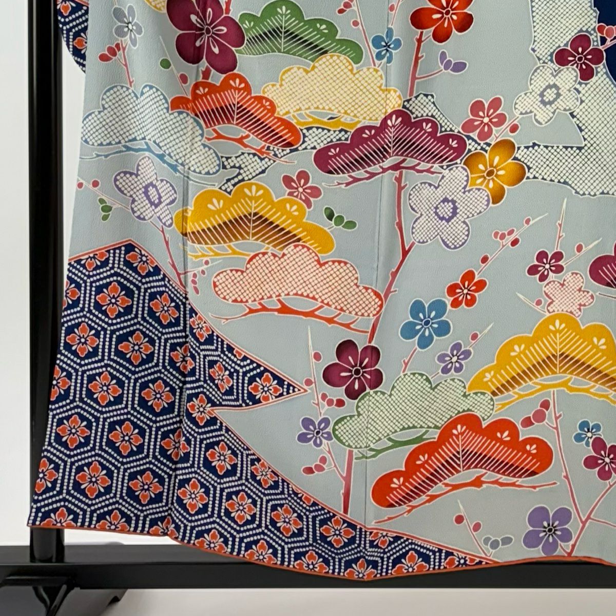 振袖禮服 身長156.5cm 袖長62cm S 雙層 笠松樹 梅花 絞染 青灰色 純蠶絲 名品級