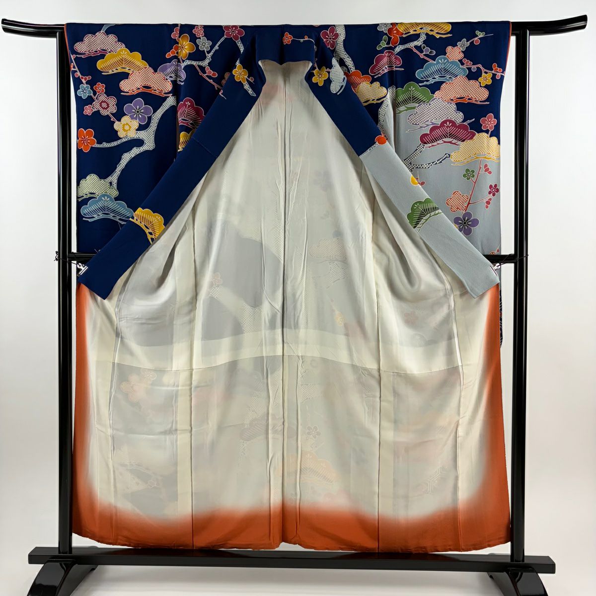 振袖禮服 身長156.5cm 袖長62cm S 雙層 笠松樹 梅花 絞染 青灰色 純蠶絲 名品級