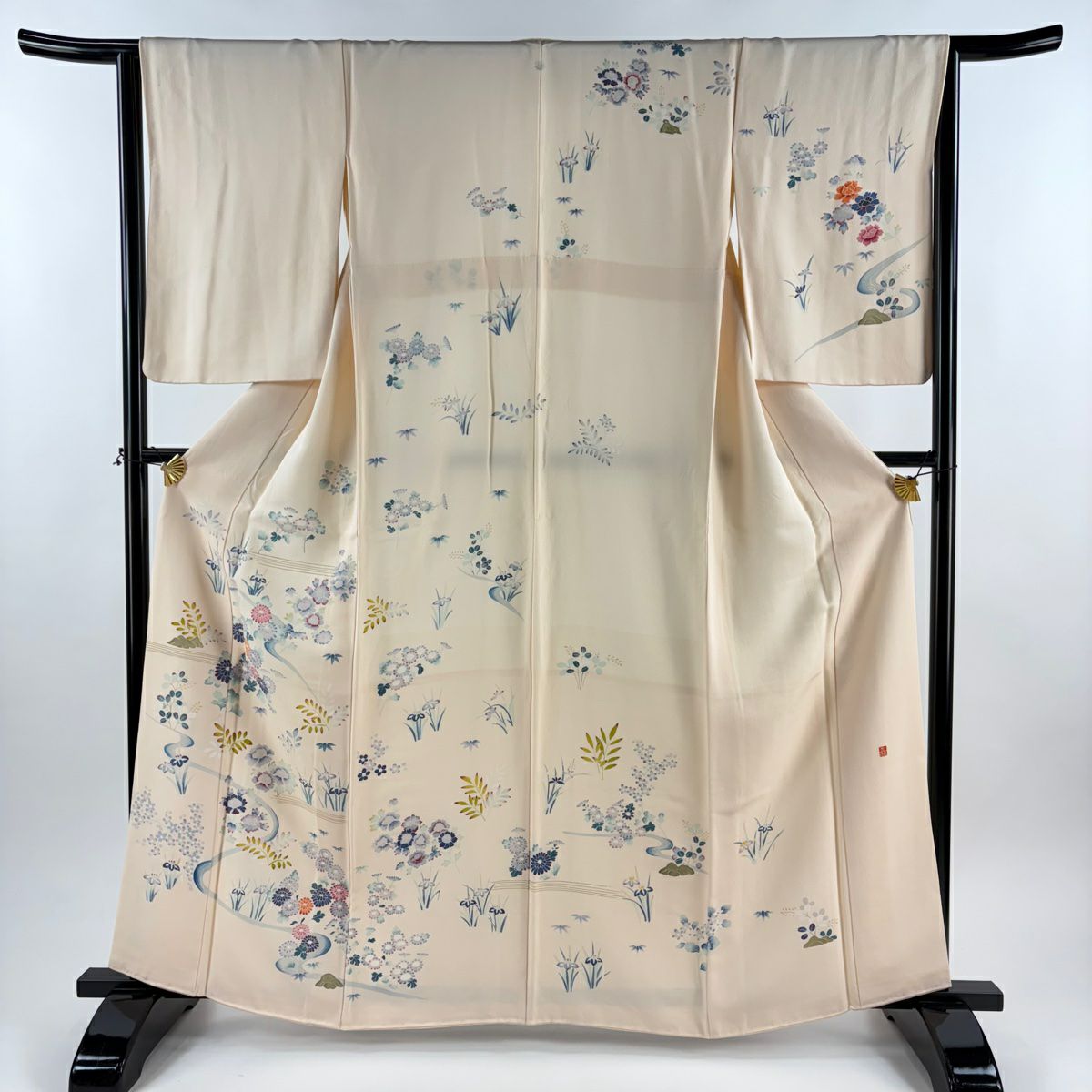 訪問服 身長163.5cm 袖長64.5cm M 雙層 落款 草花紋紋 流水 金銀彩 淺粉色 純蠶絲 名品級 一つ紋