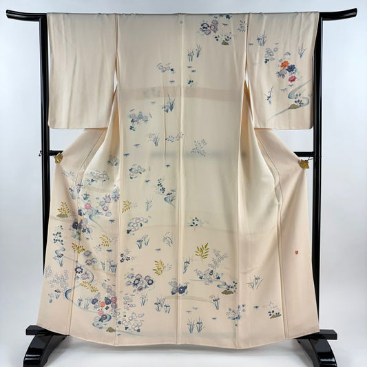 訪問服 身長163.5cm 袖長64.5cm M 雙層 落款 草花紋紋 流水 金銀彩 淺粉色 純蠶絲 名品級 一つ紋