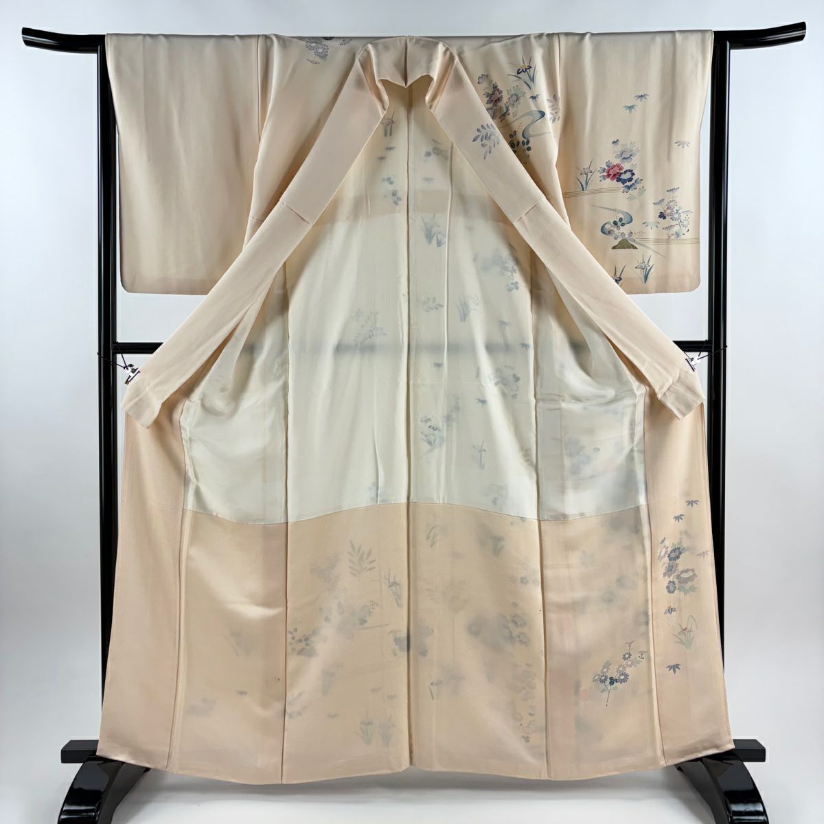 訪問服 身長163.5cm 袖長64.5cm M 雙層 落款 草花紋紋 流水 金銀彩 淺粉色 純蠶絲 名品級 一つ紋