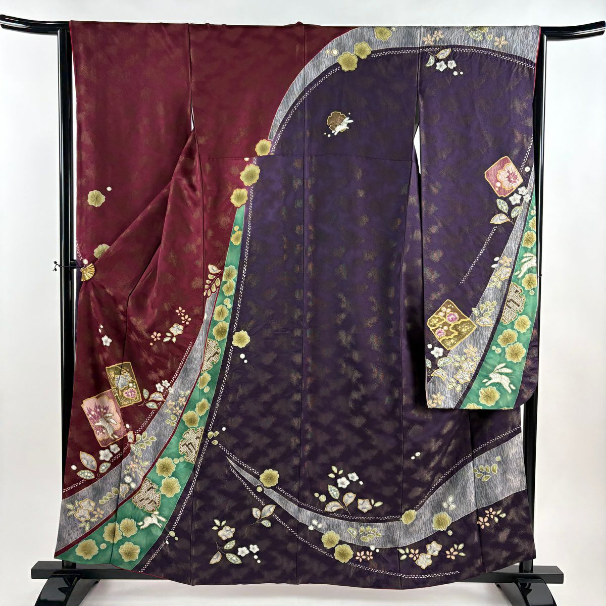 振袖禮服 身長160.5cm 袖長63.5cm S 雙層 破裂色紙 兔子 金通 絞染 深紅 純蠶絲 名品級