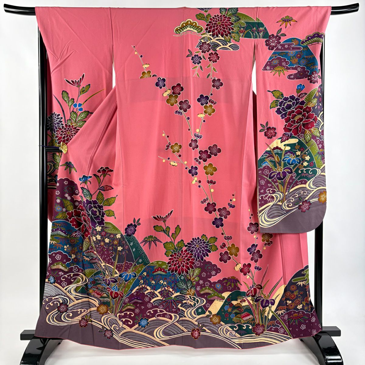 振袖禮服 身長161.5cm 袖長67.5cm L 雙層 草花紋紋 波 紅 純蠶絲 名品級
