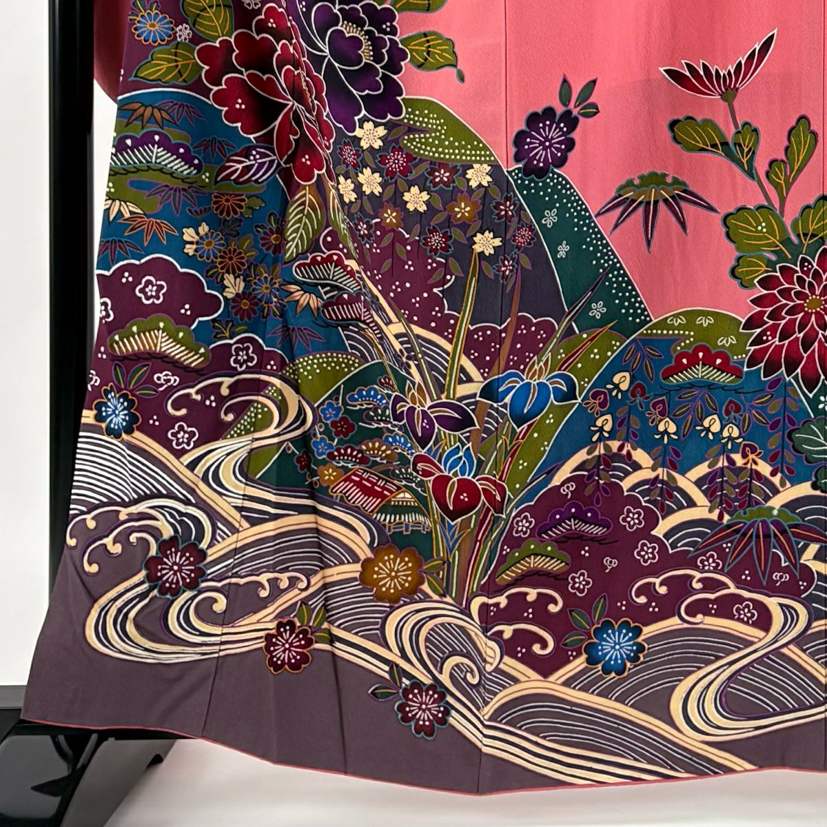 振袖禮服 身長161.5cm 袖長67.5cm L 雙層 草花紋紋 波 紅 純蠶絲 名品級